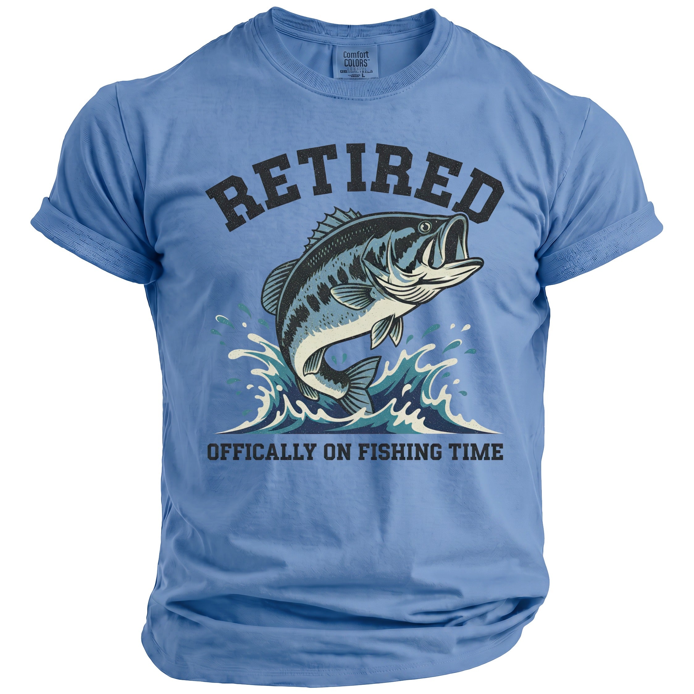 Blue t-shirt with a bass jumping out of water and "RETIRED OFFICALY ON FISHING TIME" text.