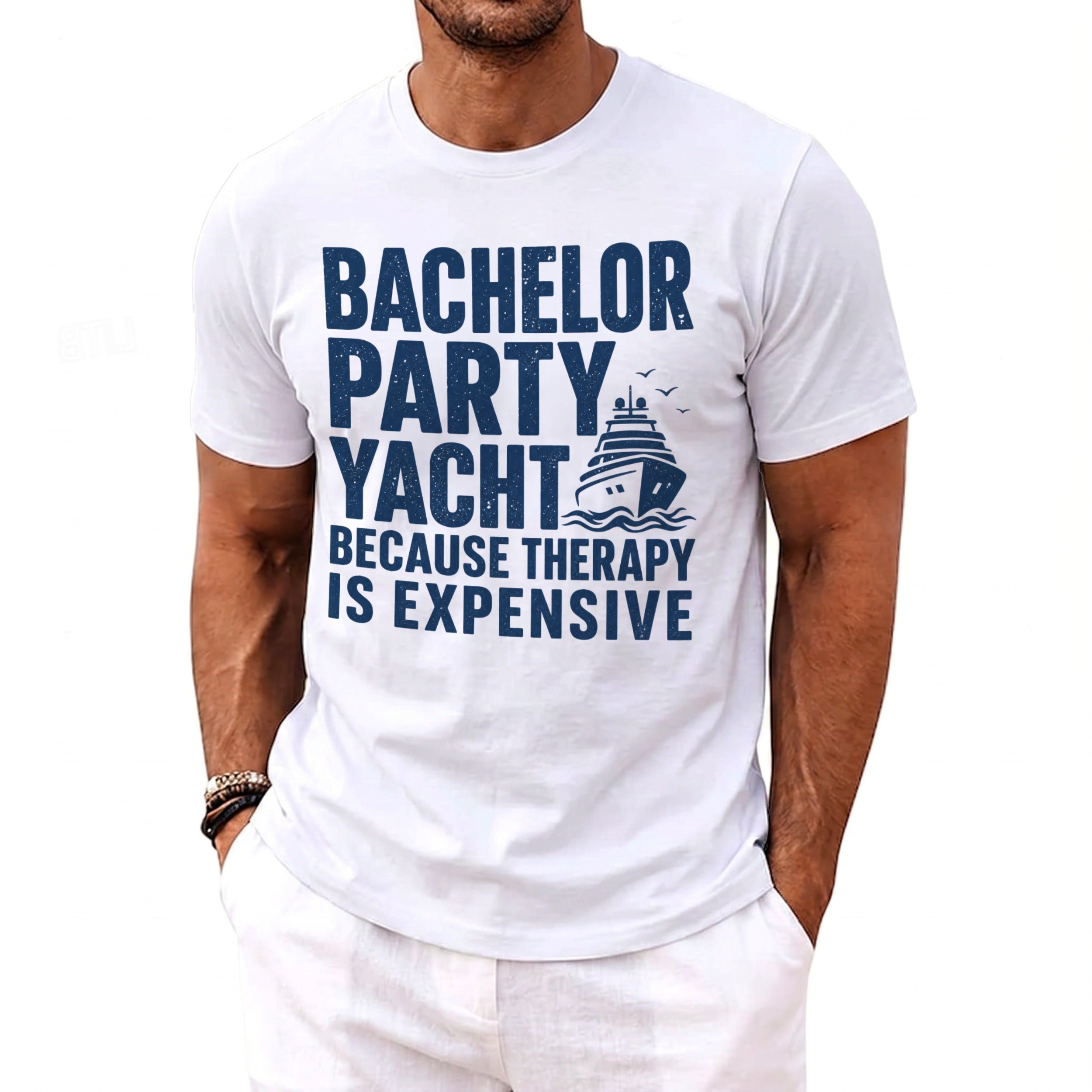 White t-shirt with blue text and yacht graphic: "Bachelor Party Yacht Because Therapy Is Expensive".