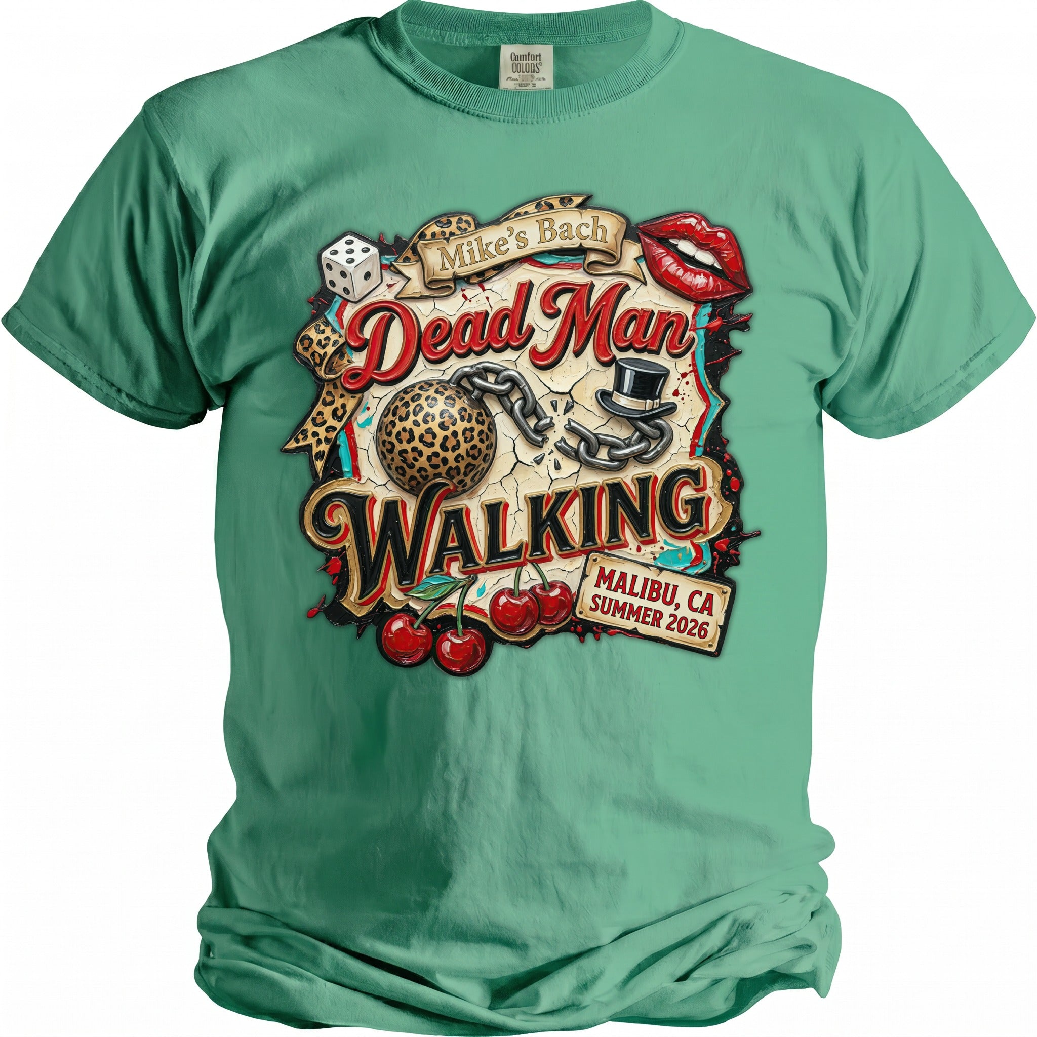 Teal t-shirt with "Dead Man Walking" graphic for Mike's Bach party.