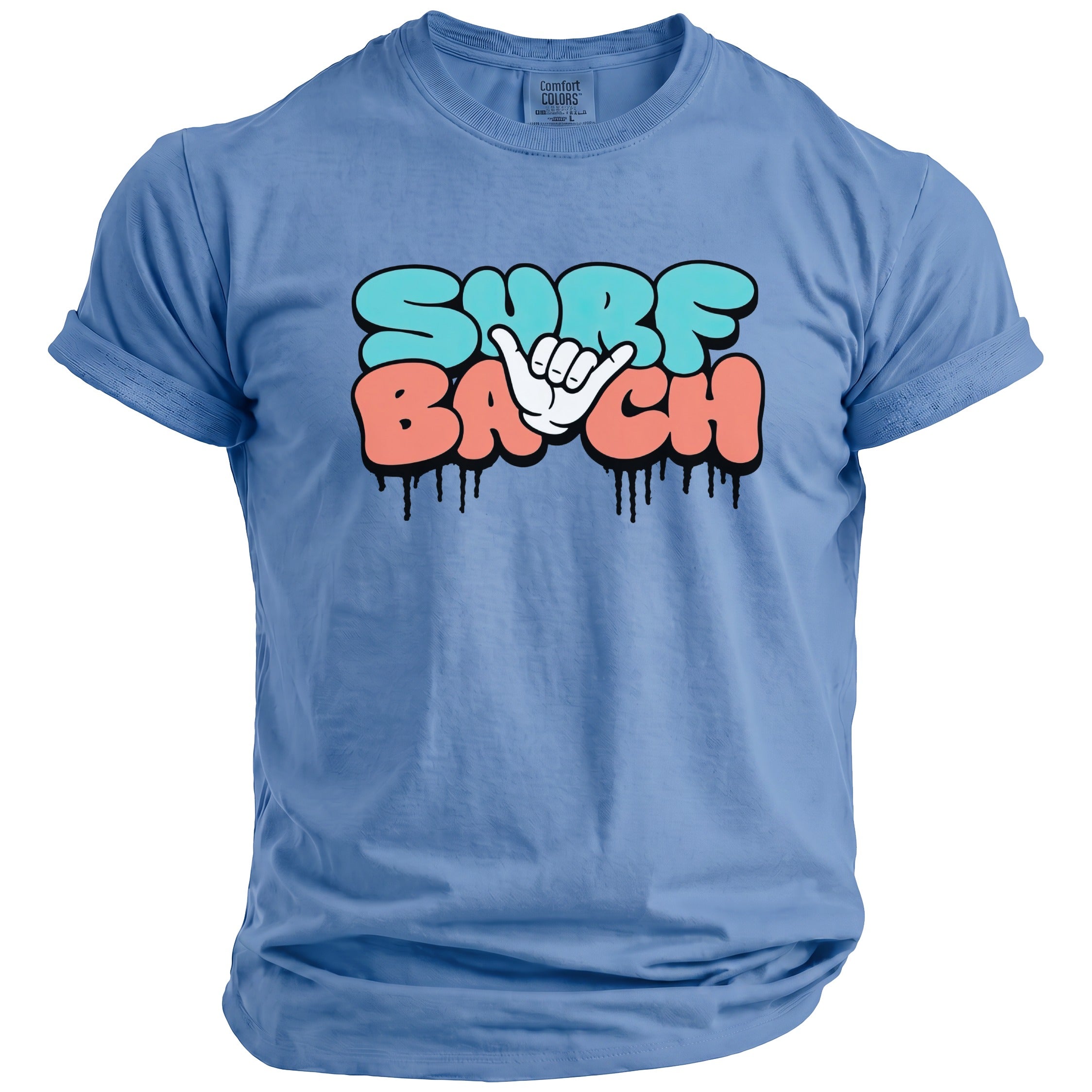 Blue t-shirt with "SURF BACH" text and shaka hand graphic.