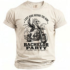 T-shirt with dragon on motorcycle, "Last Ride Before The Ring Bachelor Party" text.