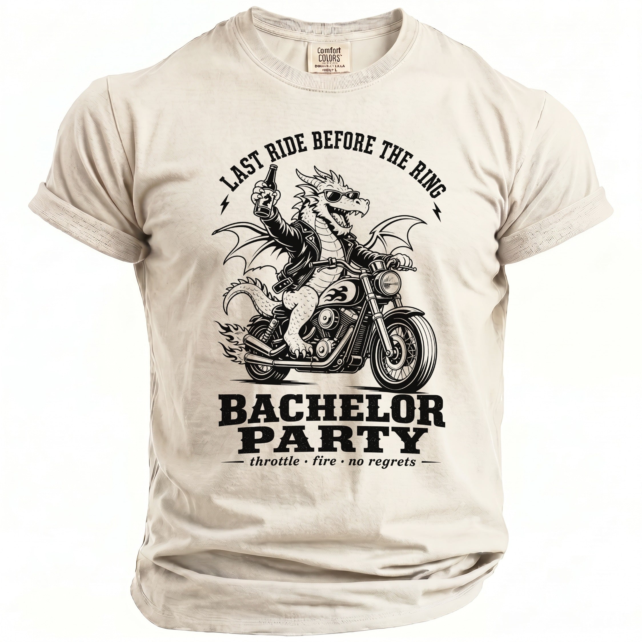 T-shirt with dragon on motorcycle, "Last Ride Before The Ring Bachelor Party" text.
