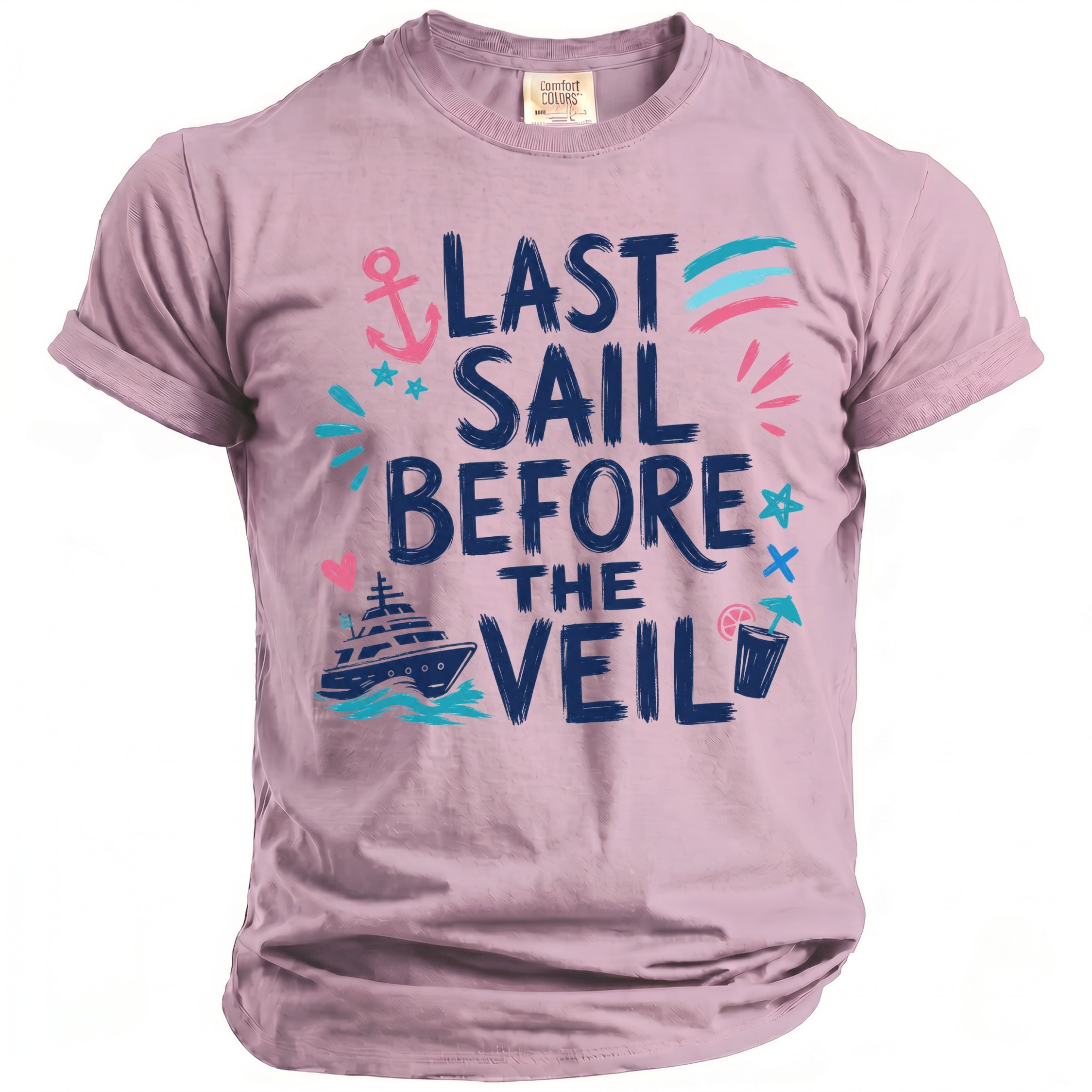 A mauve t-shirt with rolled sleeves features blue text reading LAST SAIL BEFORE THE VEIL, surrounded by nautical and tropical graphics.