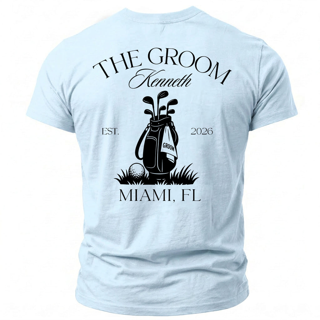 Blue t-shirt with "The Groom Kenneth" and golf bag graphic, Miami, FL.