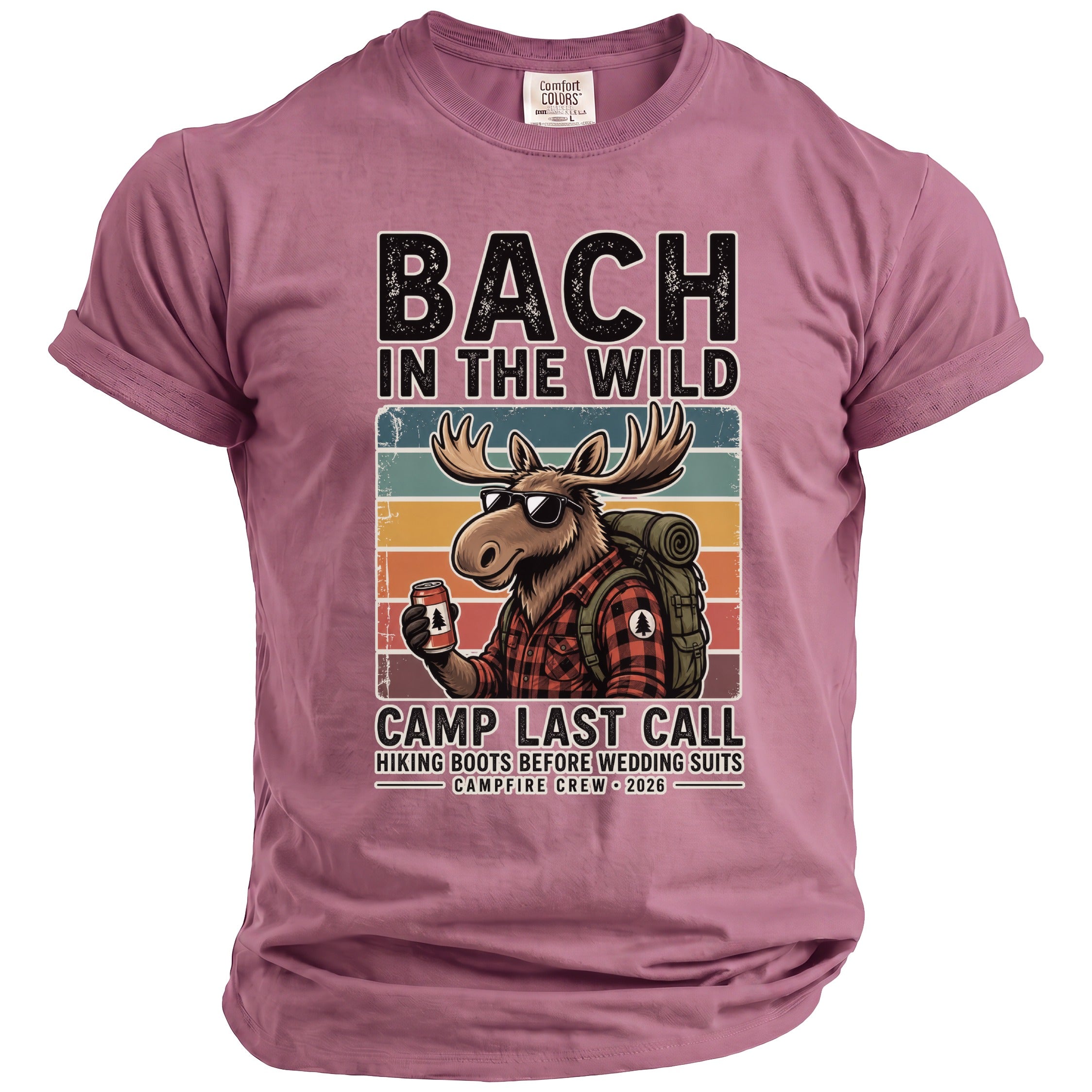 Moose wearing sunglasses and backpack, "Bach in the Wild" shirt.