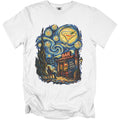 White t-shirt with a Van Gogh-inspired bar scene featuring beer and a martini.