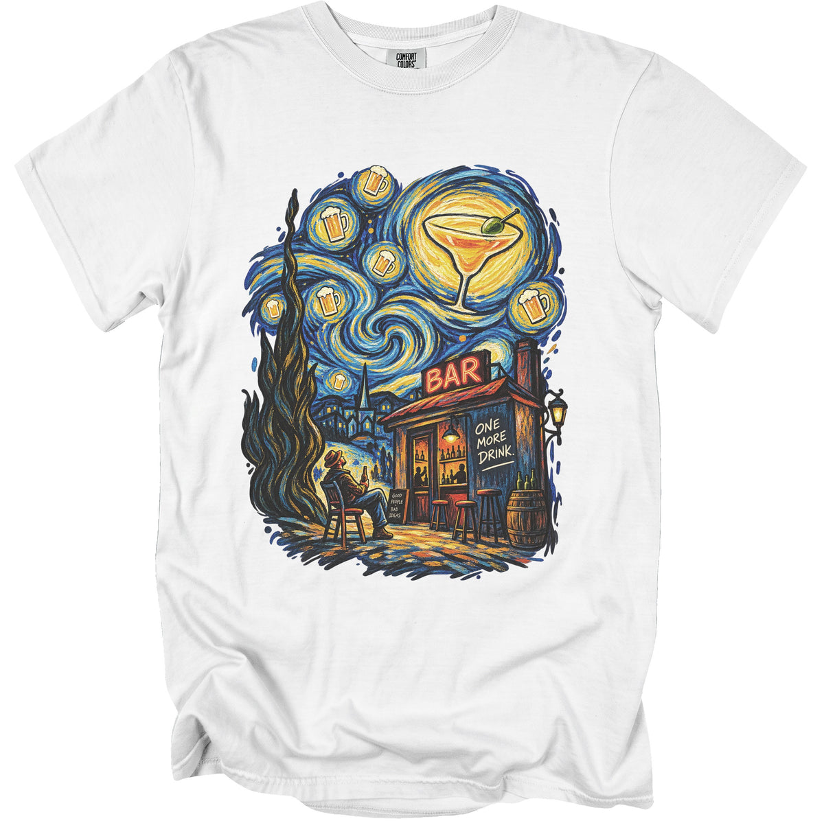 White t-shirt with a Van Gogh-inspired bar scene featuring beer and a martini.