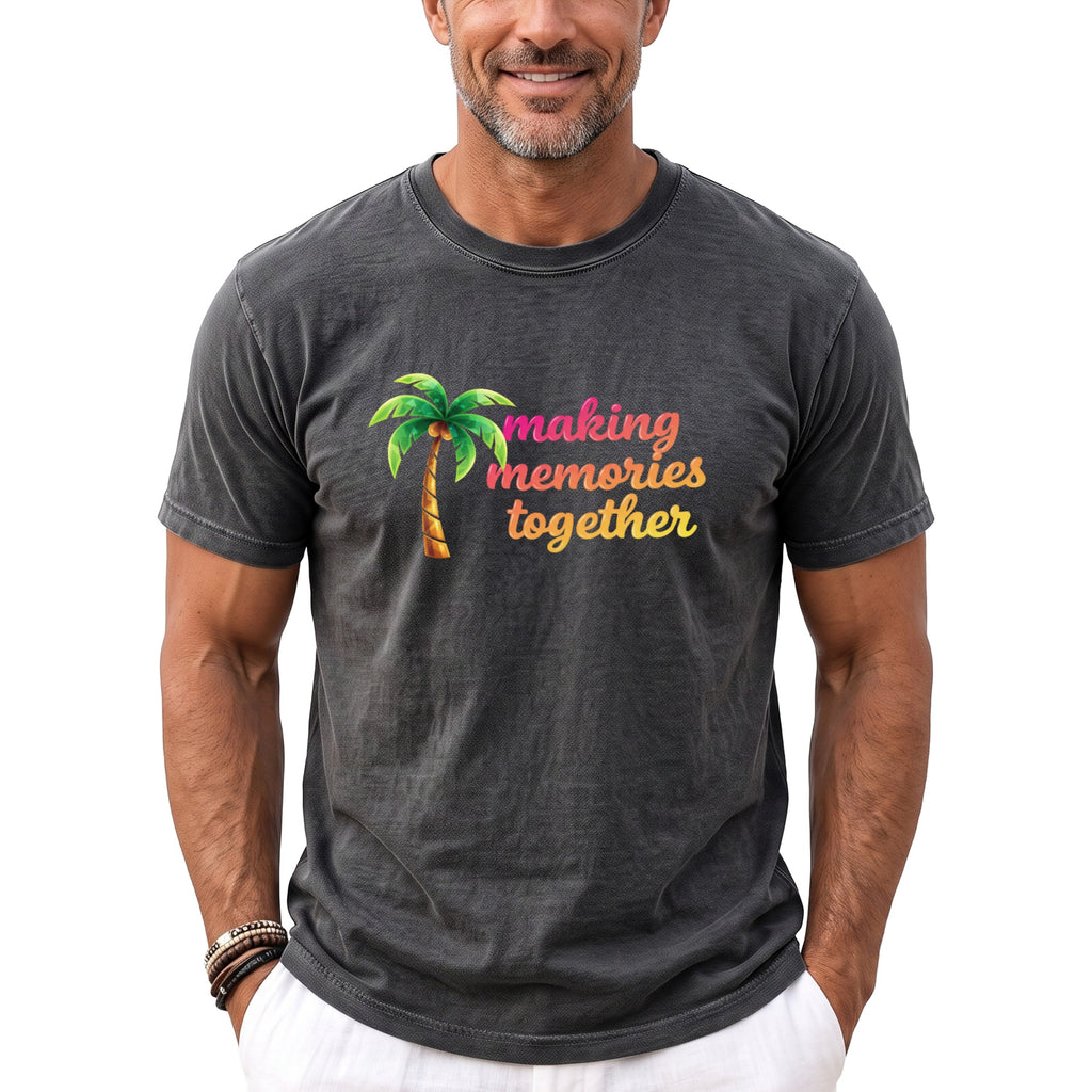 Dark gray t-shirt with palm tree graphic and text "making memories together".