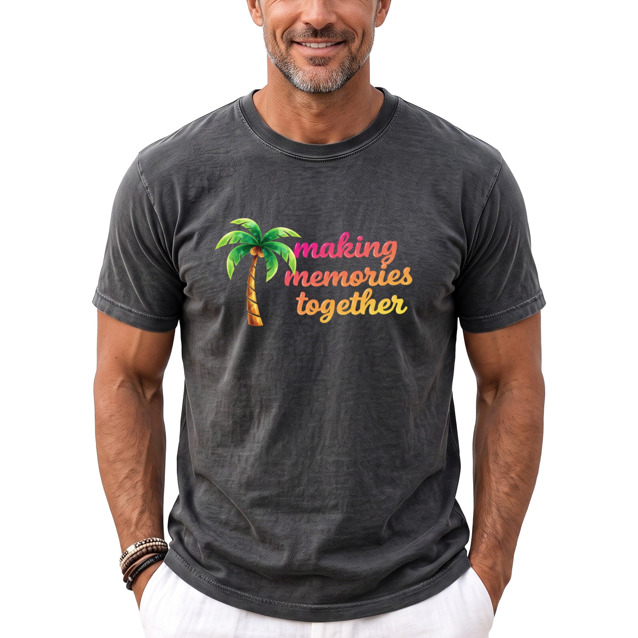 Dark gray t-shirt with palm tree graphic and text "making memories together".