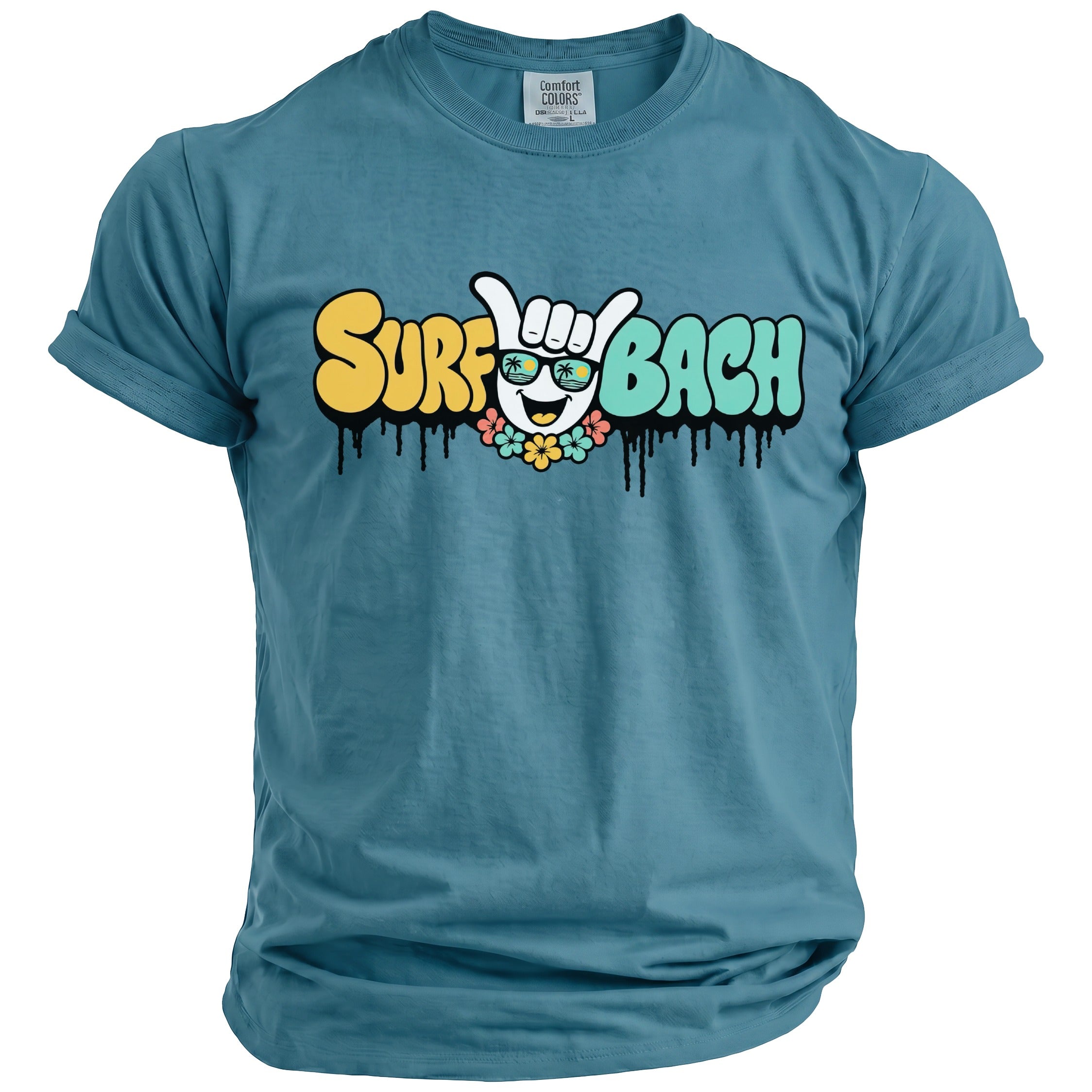 Blue t-shirt with "Surf Bach" text, shaka hand, and sunglasses-wearing smiley face.