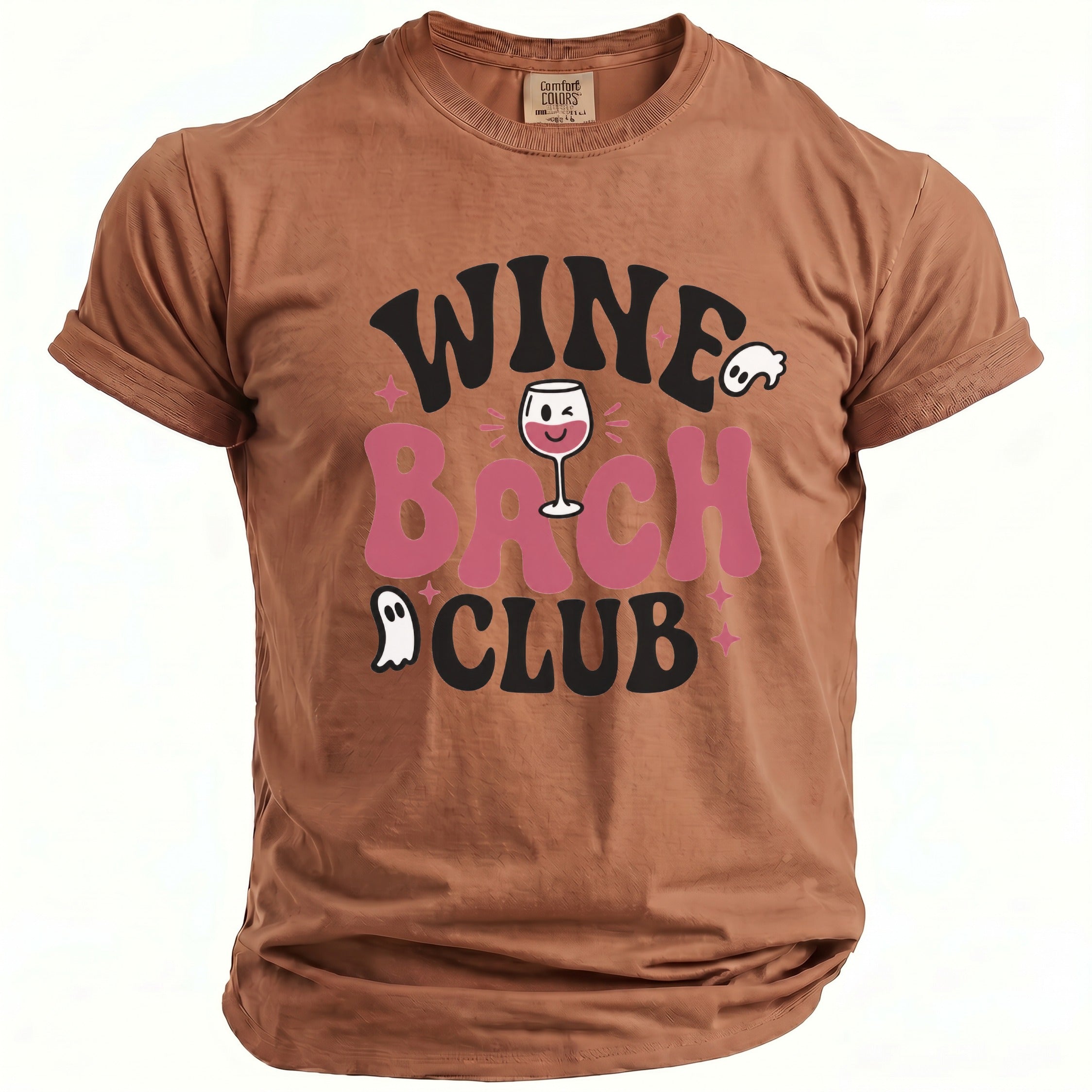 Brown t-shirt with "Wine Bach Club" text, a wine glass, and ghosts graphic.