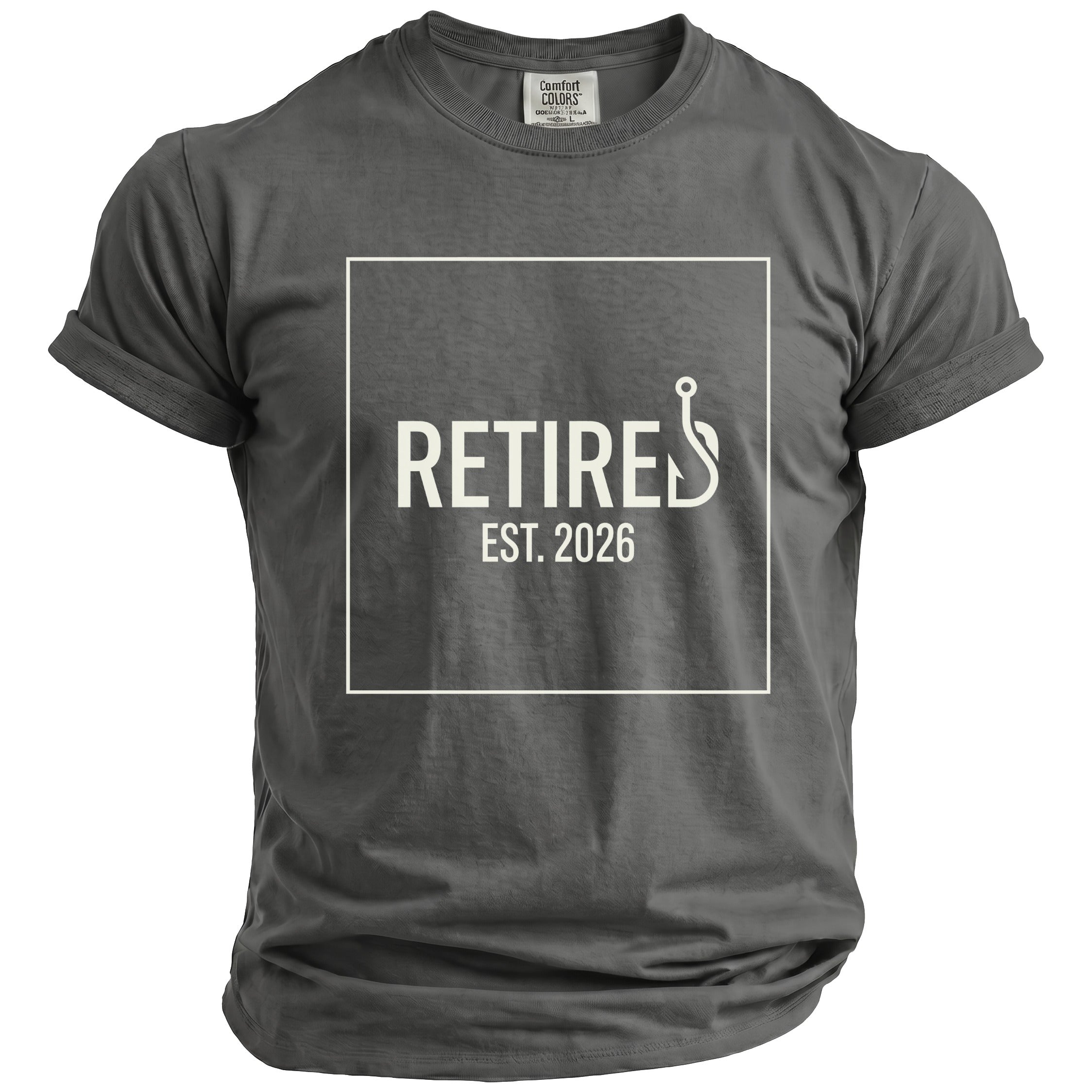 Gray t-shirt with white text "RETIRED EST. 2026" and a fishing hook.