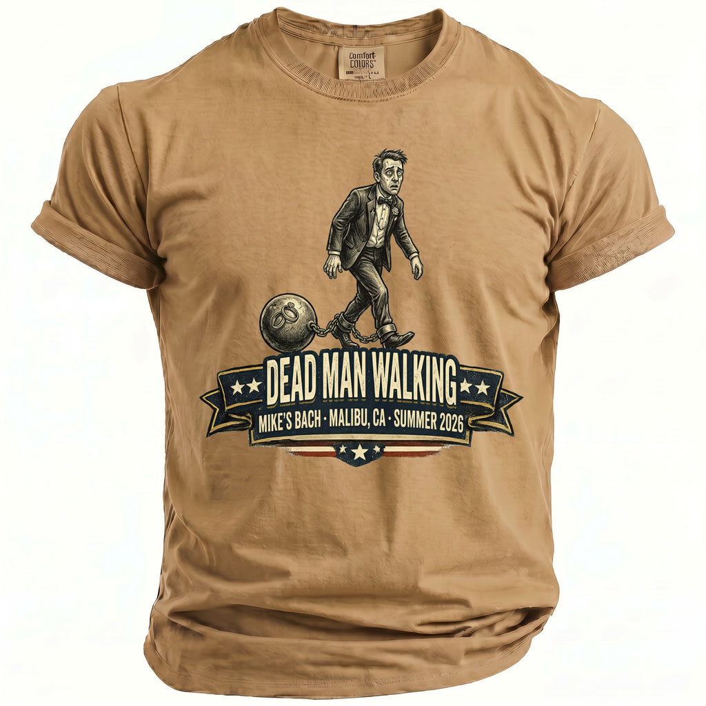 Tan t-shirt with "Dead Man Walking" text and an illustration.