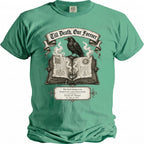 T-shirt with embroidered raven on open book, "Till Death, Our Forever" and custom names.