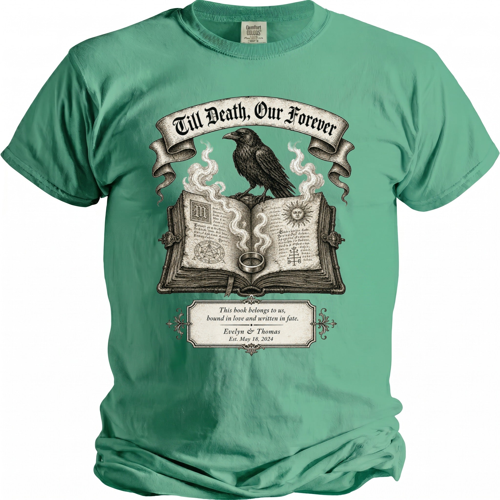 T-shirt with embroidered raven on open book, "Till Death, Our Forever" and custom names.