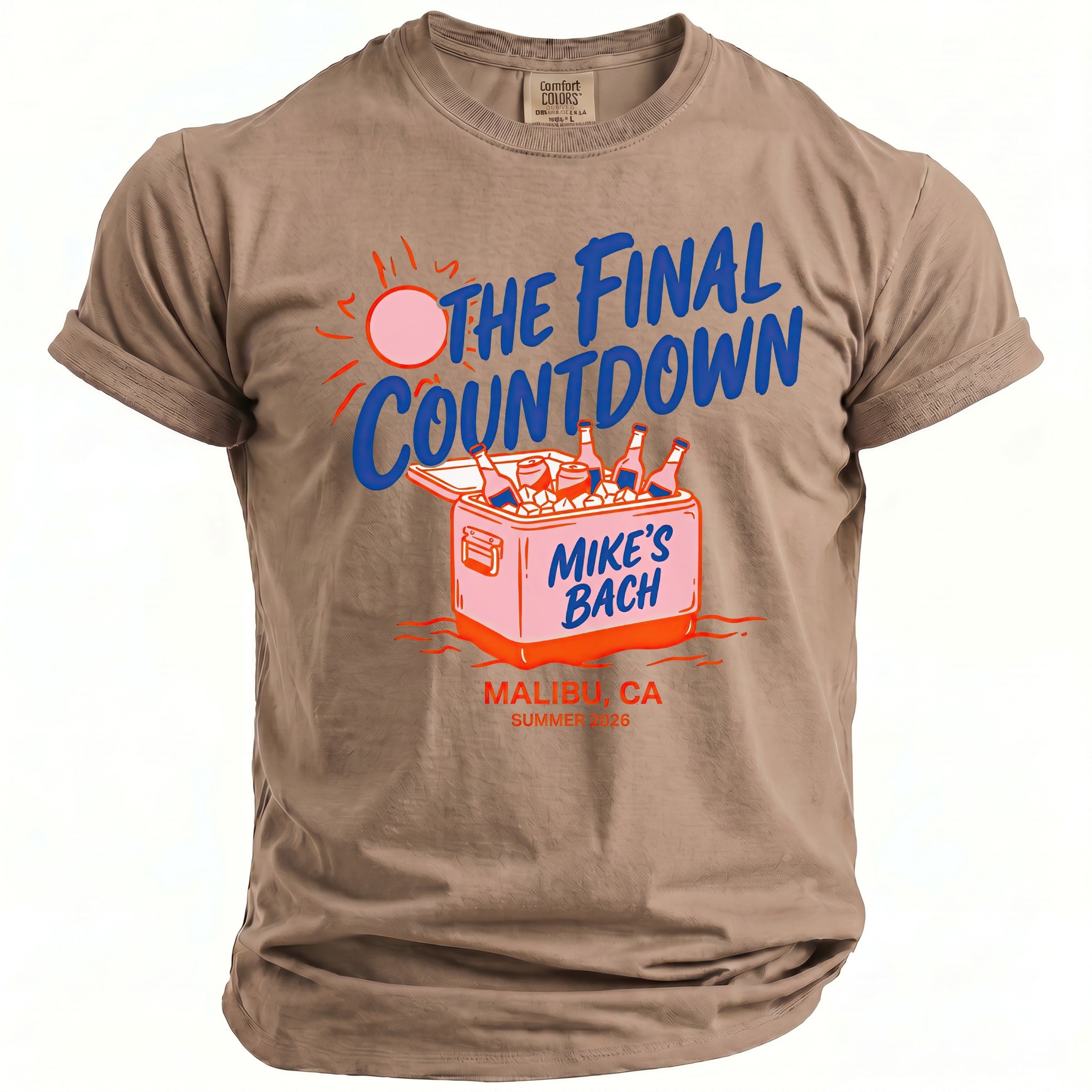 Tan t-shirt with "The Final Countdown" graphic, cooler with "Mike's Bach" text, Malibu, CA, Summer 2026.