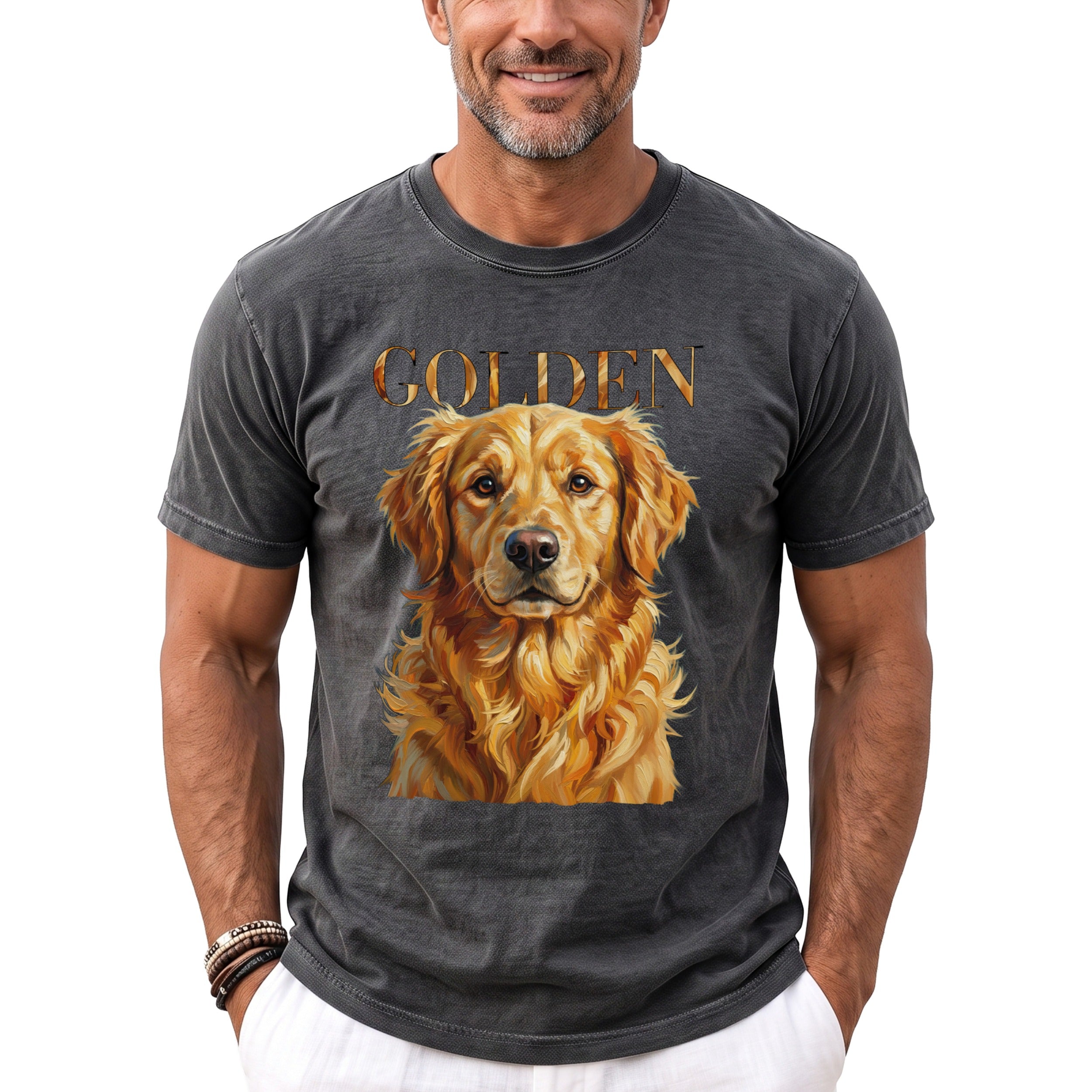 Grey t-shirt with "GOLDEN" text and a painted Golden Retriever portrait.