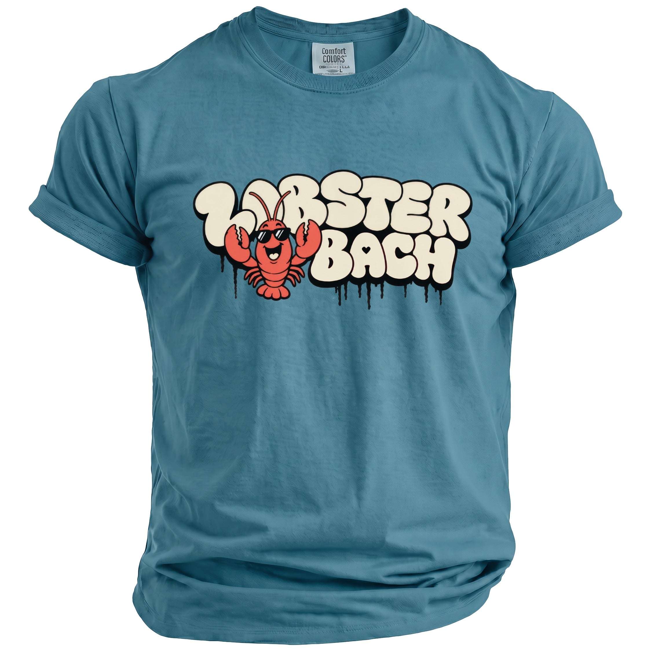 Teal t-shirt with cartoon lobster and dripping text "Lobster Bach".