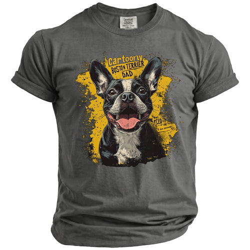 Dark grey t-shirt with a cartoon Boston Terrier graphic reading "Cartoony Boston Terrier Dad".