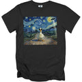 Black t-shirt with a print of a duck in sunglasses in Van Gogh's Starry Night with a UFO.