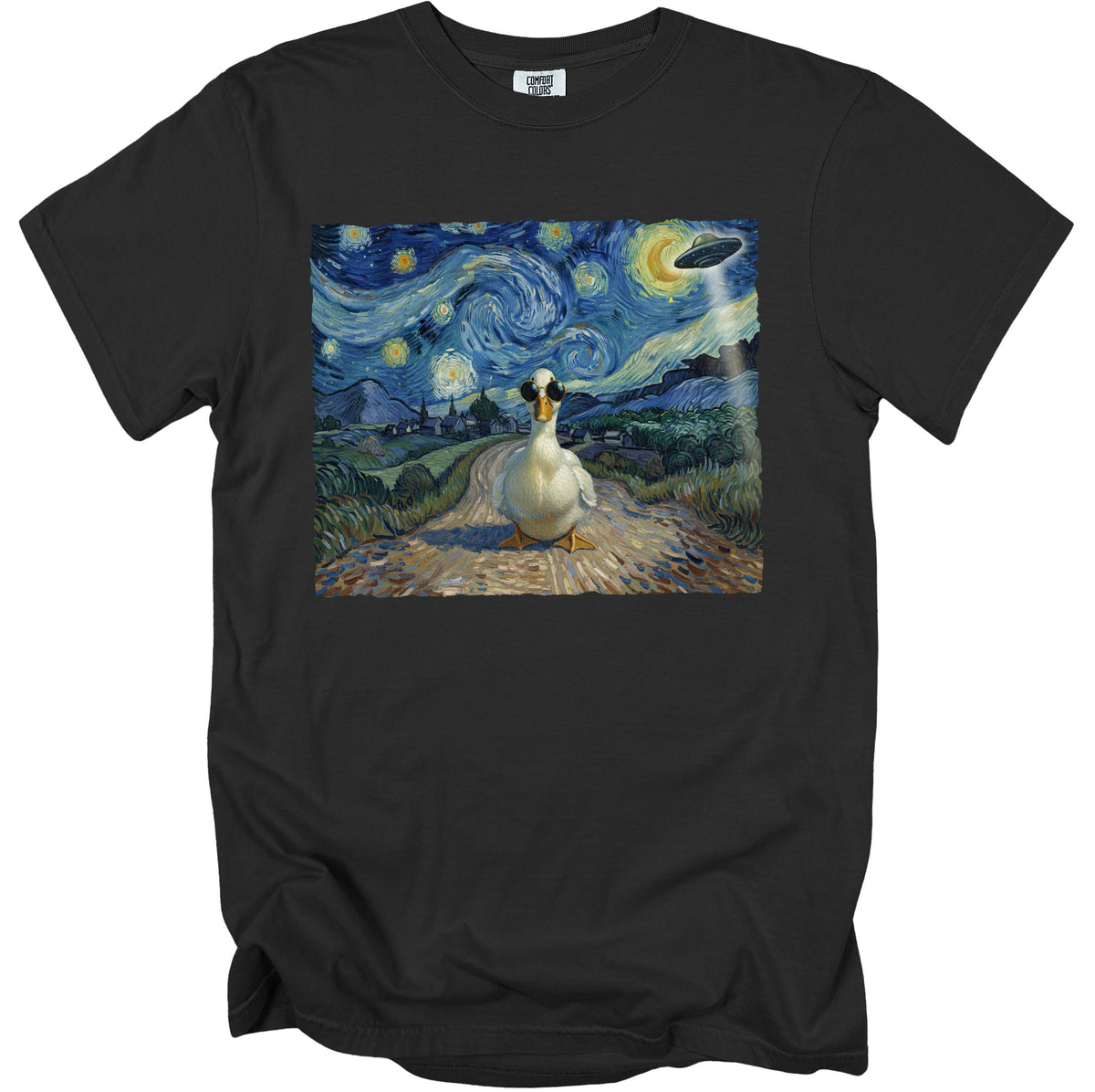 Black t-shirt with a print of a duck in sunglasses in Van Gogh's Starry Night with a UFO.