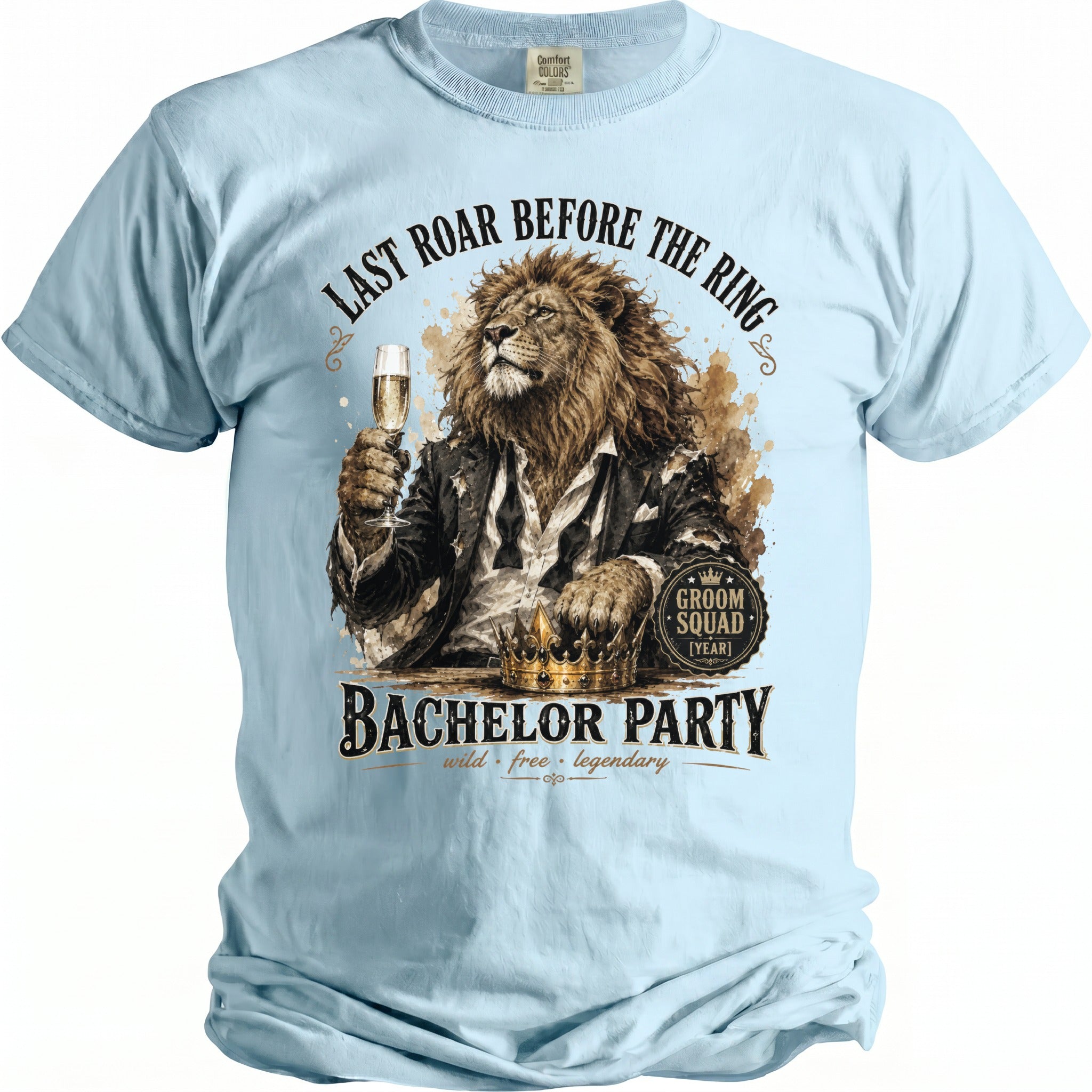 Lion in a suit holding champagne with "Bachelor Party" and "Last Roar Before The Ring" text.