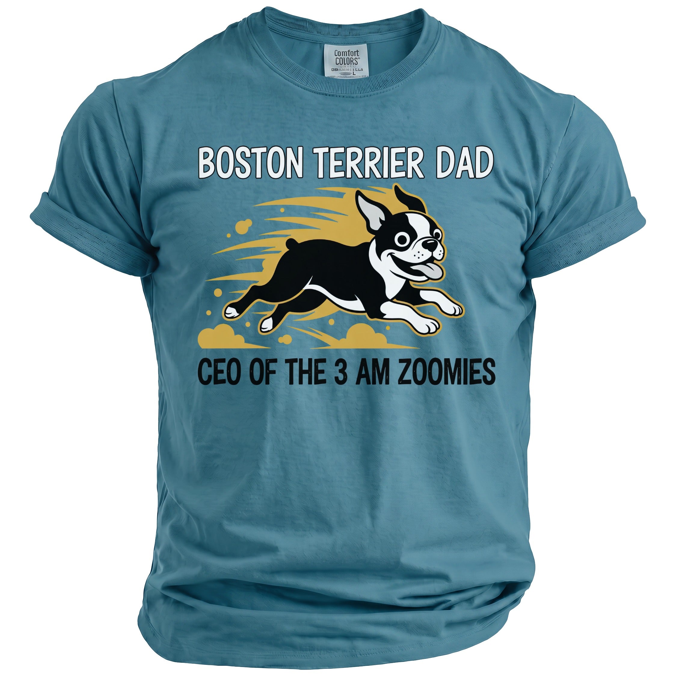 Blue t-shirt with Boston Terrier Dad text and running cartoon dog graphic.