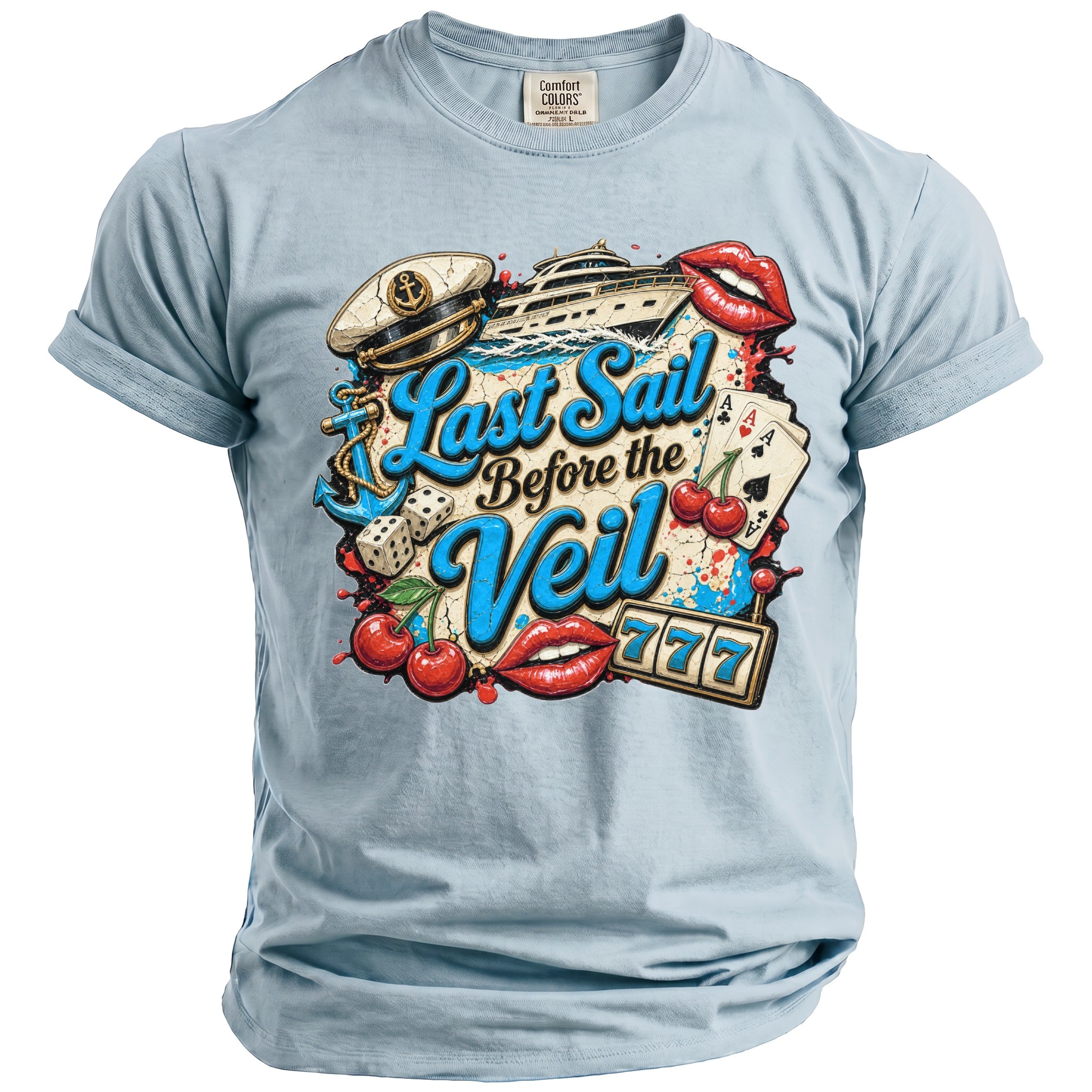 Light blue t-shirt with a vintage graphic featuring a yacht, anchor, and text reading Last Sail Before the Veil.