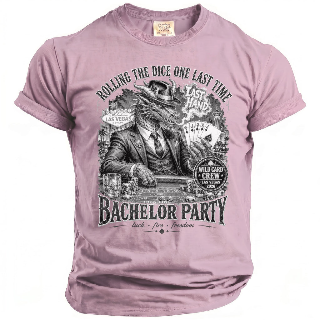 T-shirt with dragon at poker table in Las Vegas, "Rolling the Dice One Last Time" and "Bachelor Party" text.