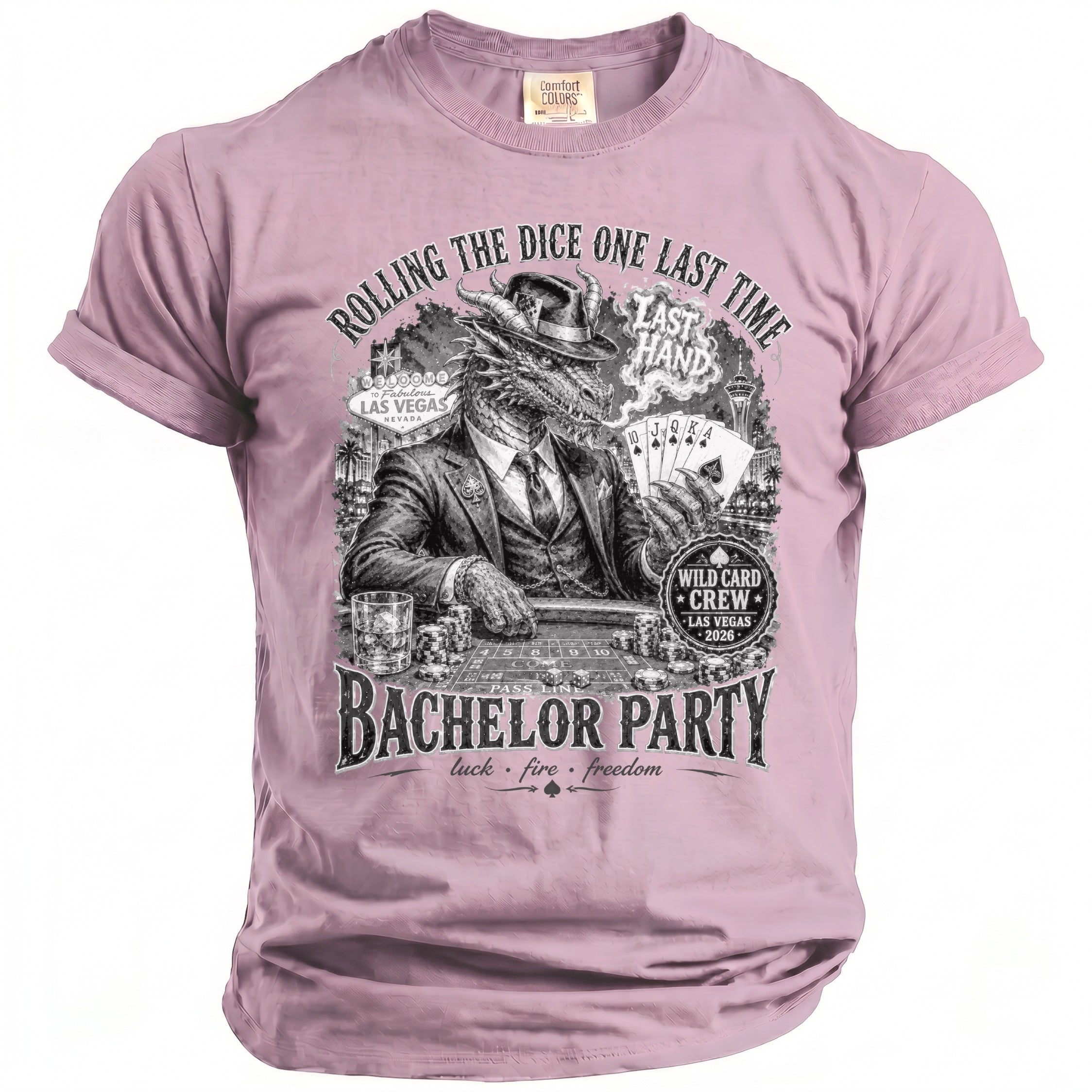 T-shirt with dragon at poker table in Las Vegas, "Rolling the Dice One Last Time" and "Bachelor Party" text.