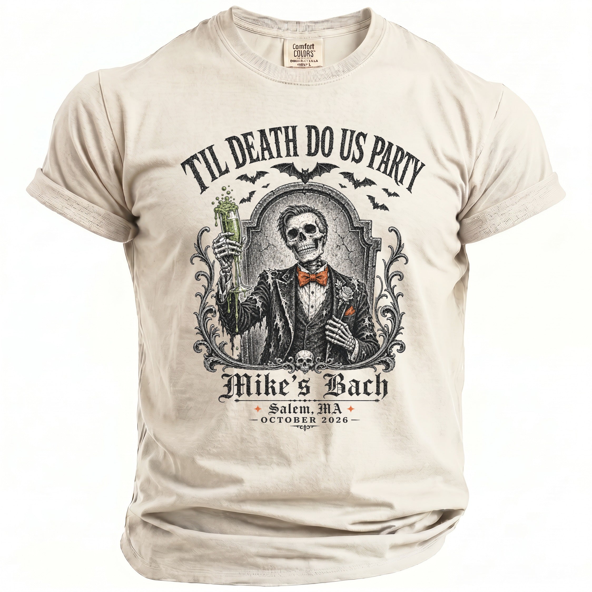 Skeleton in tuxedo holding drink with text "Til Death Do Us Party", "Mike's Bach".
