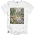 White t-shirt with "Claude Monet Water Lilies" text and Monet's painting.