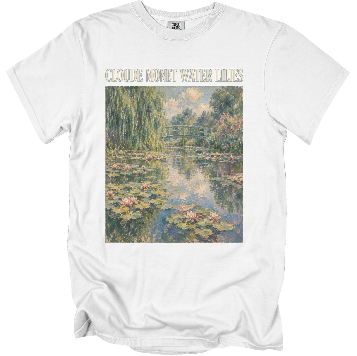White t-shirt with "Claude Monet Water Lilies" text and Monet's painting.