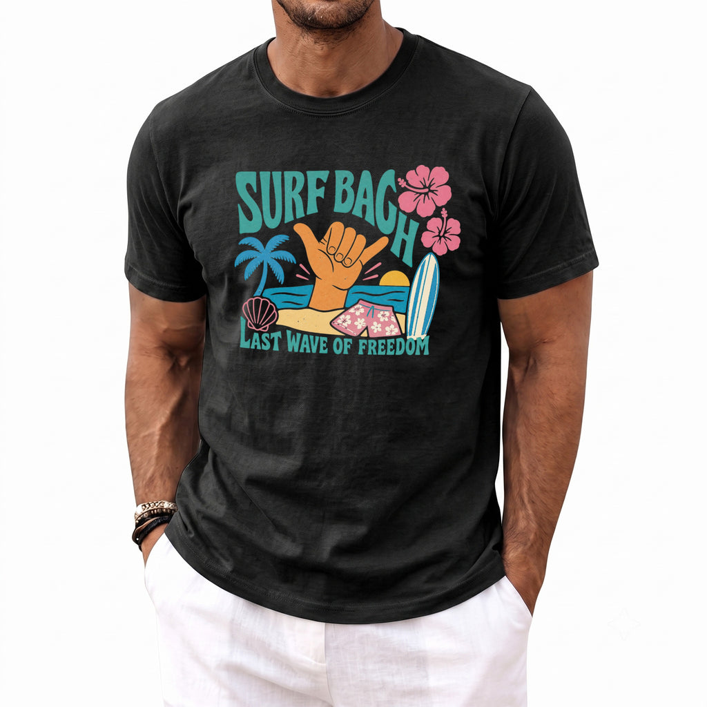 Black t-shirt with "Surf Bagh Last Wave of Freedom" graphic and beach scene.