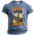 Blue t-shirt with a "Jazz Bach Scene" graphic featuring a saxophone and amplifier.