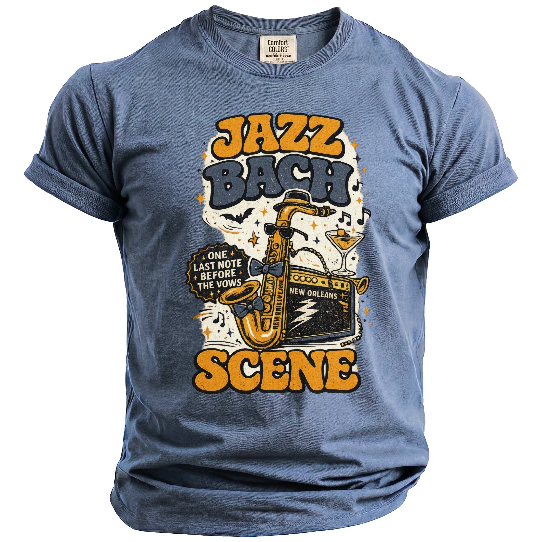 Blue t-shirt with a "Jazz Bach Scene" graphic featuring a saxophone and amplifier.