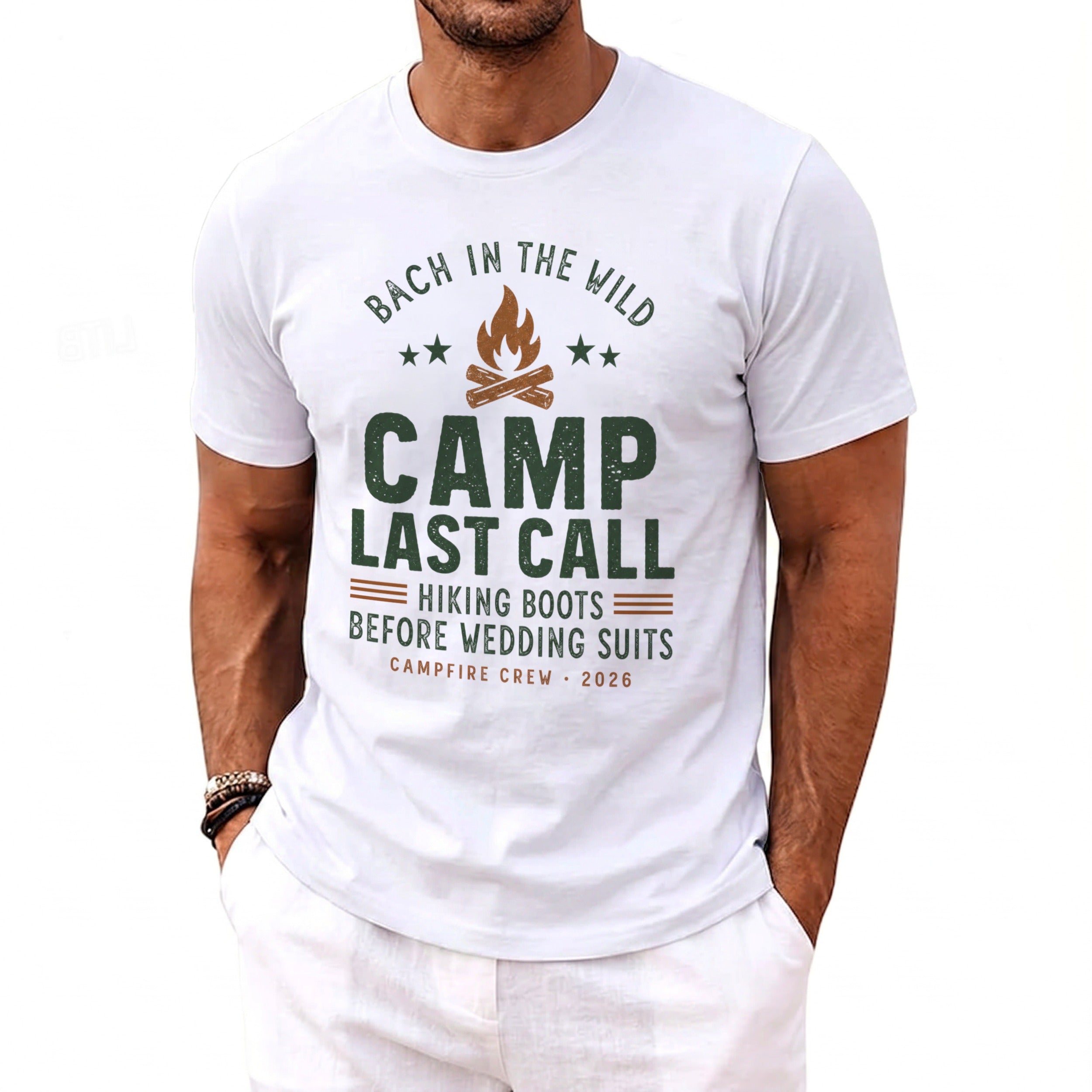 White t-shirt with "Camp Last Call" graphic featuring a campfire and text.