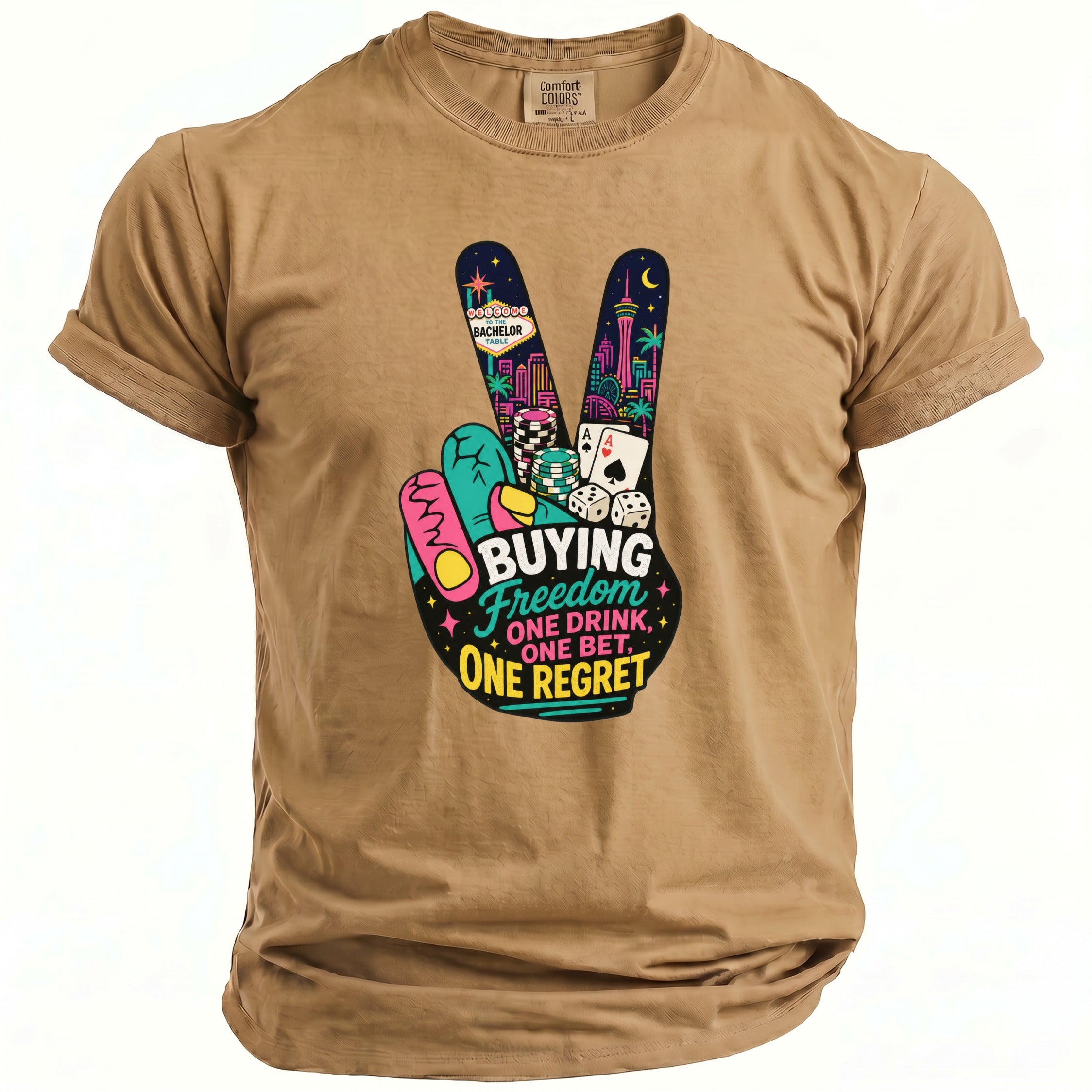 Tan t-shirt with a peace sign graphic featuring Las Vegas, casino chips, dice, and cards.