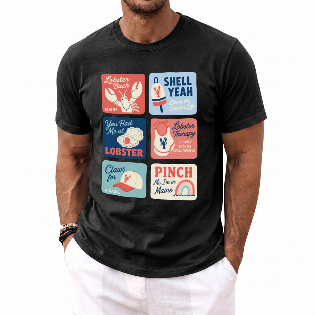 Black t-shirt with six square graphics featuring lobster themes and Maine text.