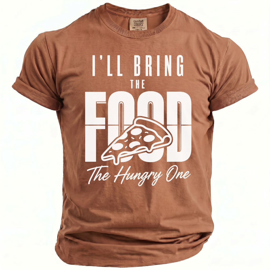 Brown t-shirt with white text "I'LL BRING THE FOOD" and a pizza slice.