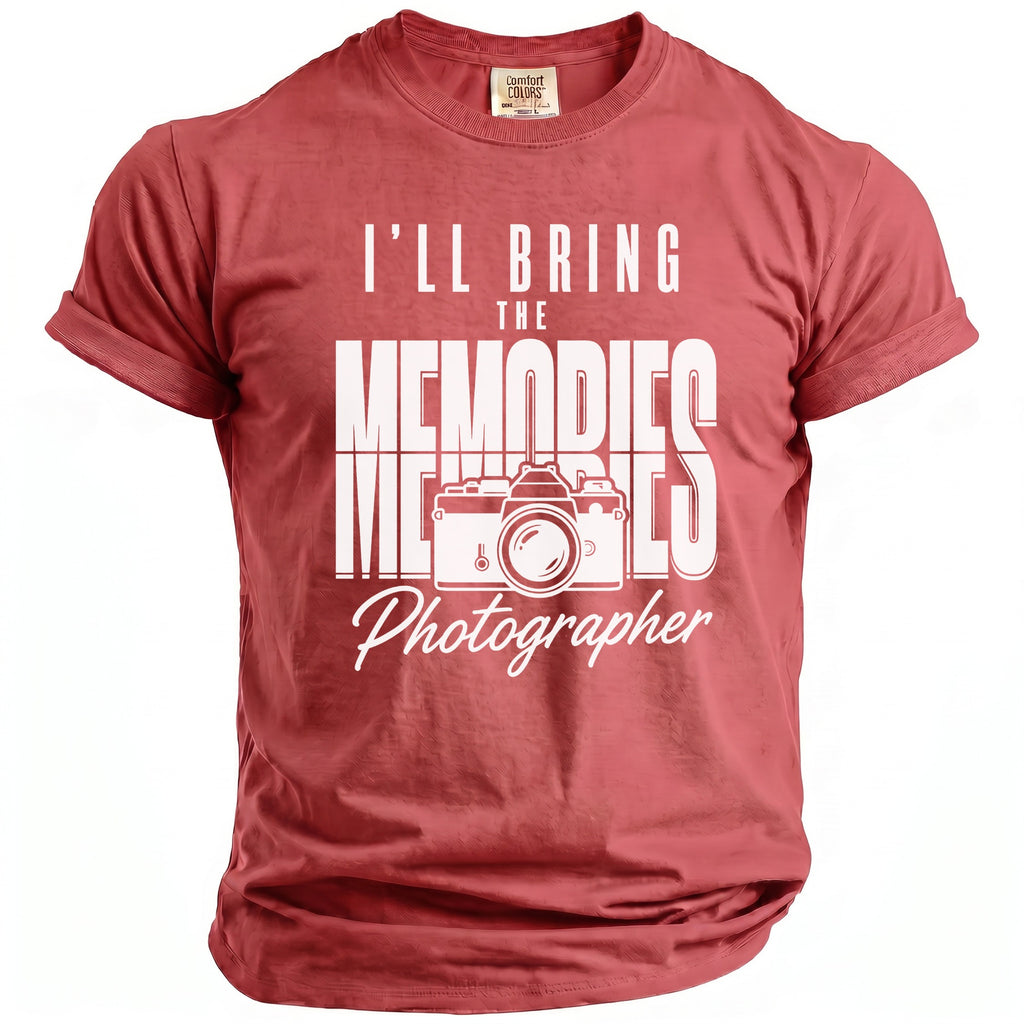 Red t-shirt with text "I'LL BRING THE MEMORIES Photographer" and a camera graphic.