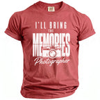 Red t-shirt with text "I'LL BRING THE MEMORIES Photographer" and a camera graphic.