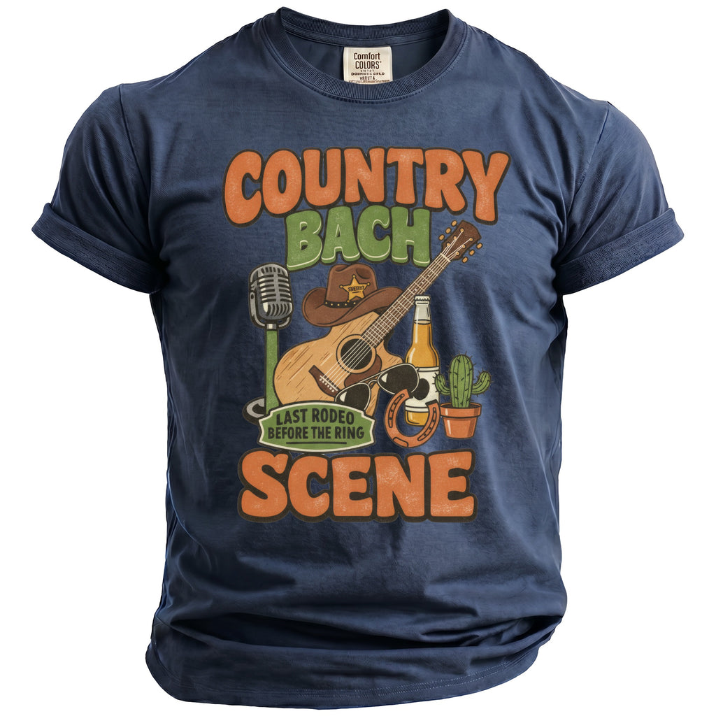 Navy t-shirt with "Country Bach Last Rodeo Before The Ring Scene" graphic.