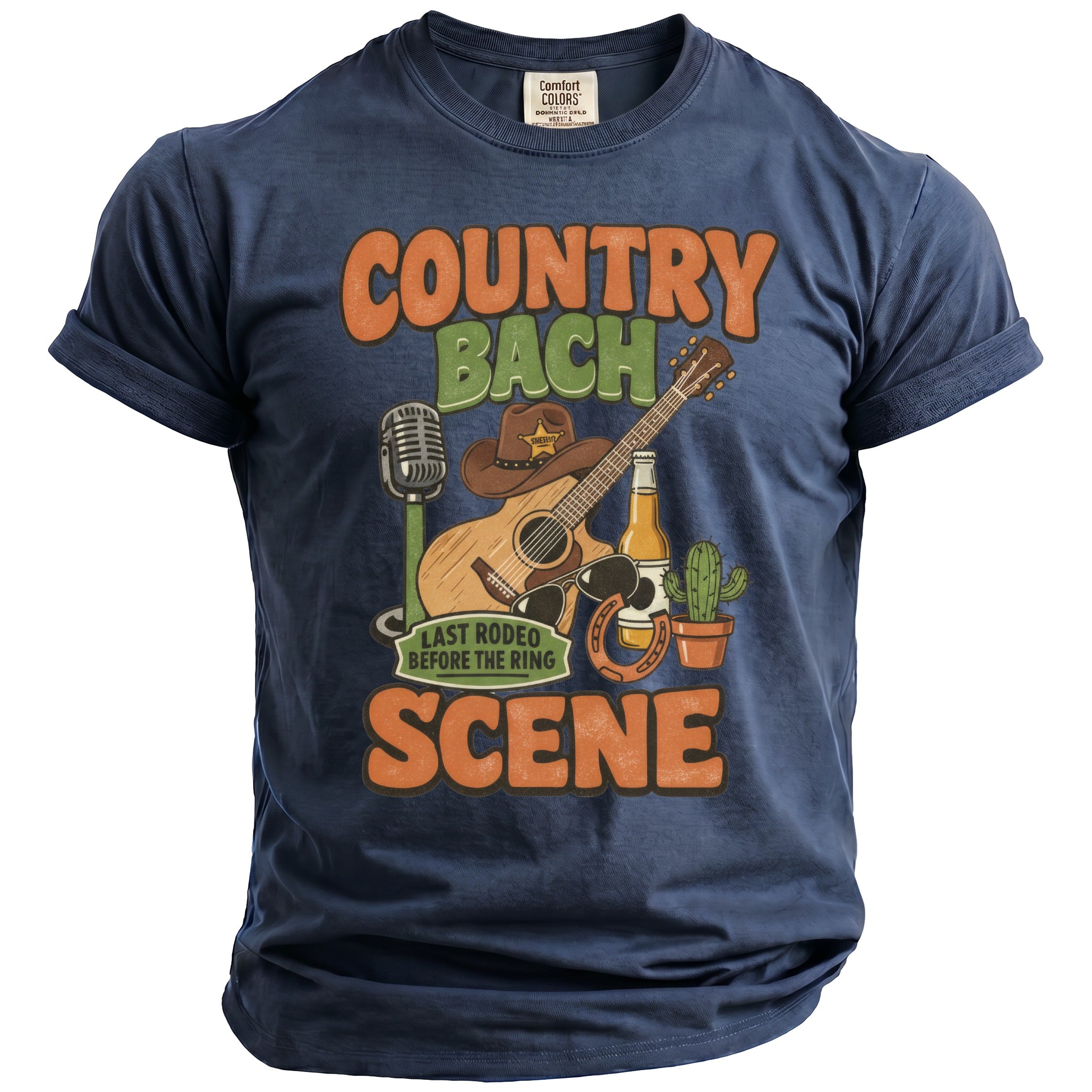 Navy t-shirt with "Country Bach Last Rodeo Before The Ring Scene" graphic.