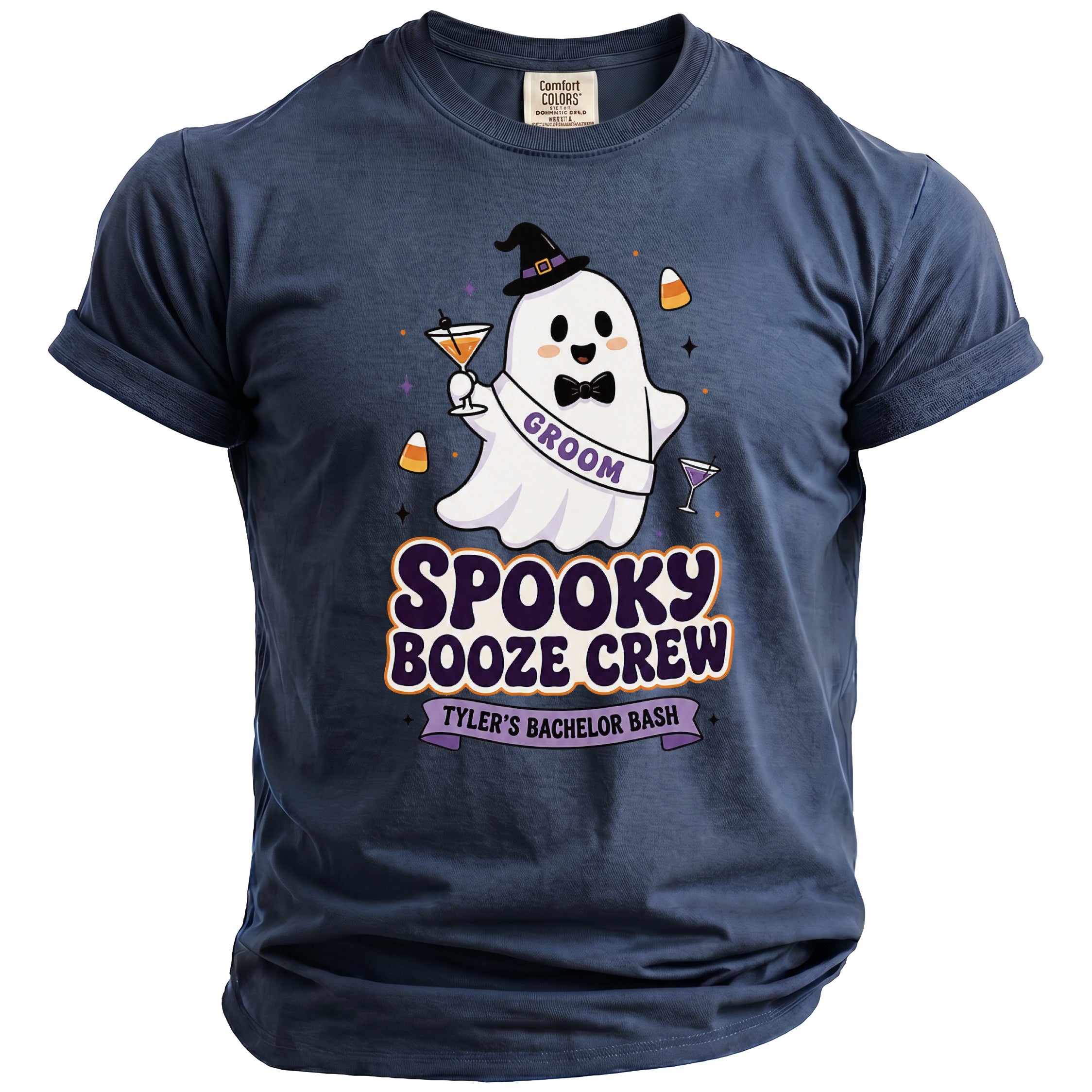 Ghost with "Groom" sash, "Spooky Booze Crew Tyler's Bachelor Bash" text on shirt.