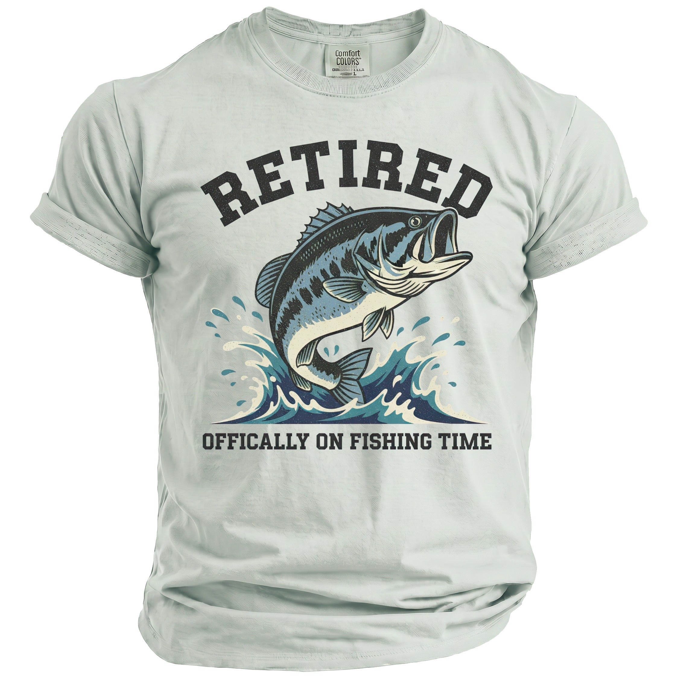 Light blue t-shirt with text "RETIRED" and a jumping bass fish.