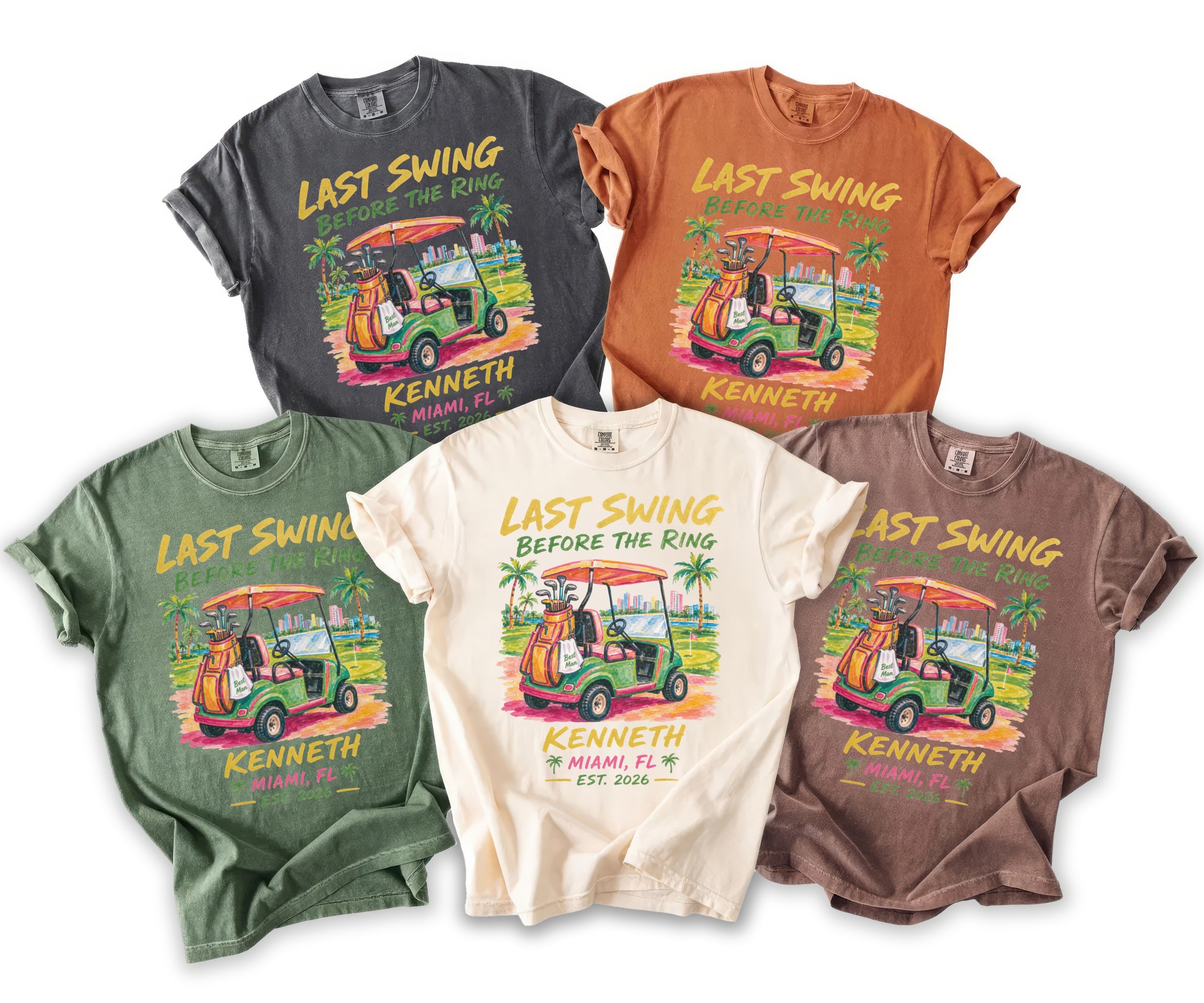 Five t-shirts in different colors with "Last Swing Before the Ring" graphic.