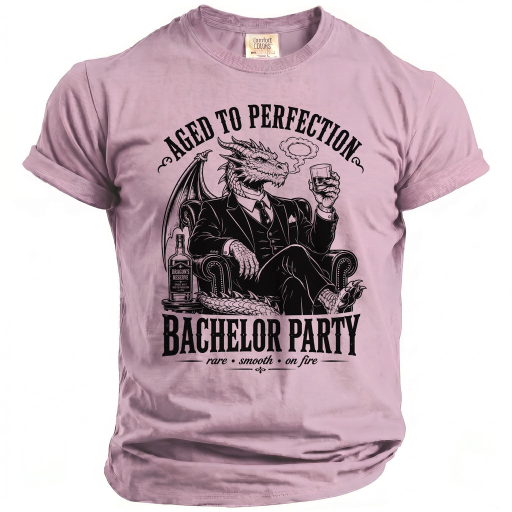 Dragon in suit drinking whiskey, "Aged to Perfection" and "Bachelor Party" text.