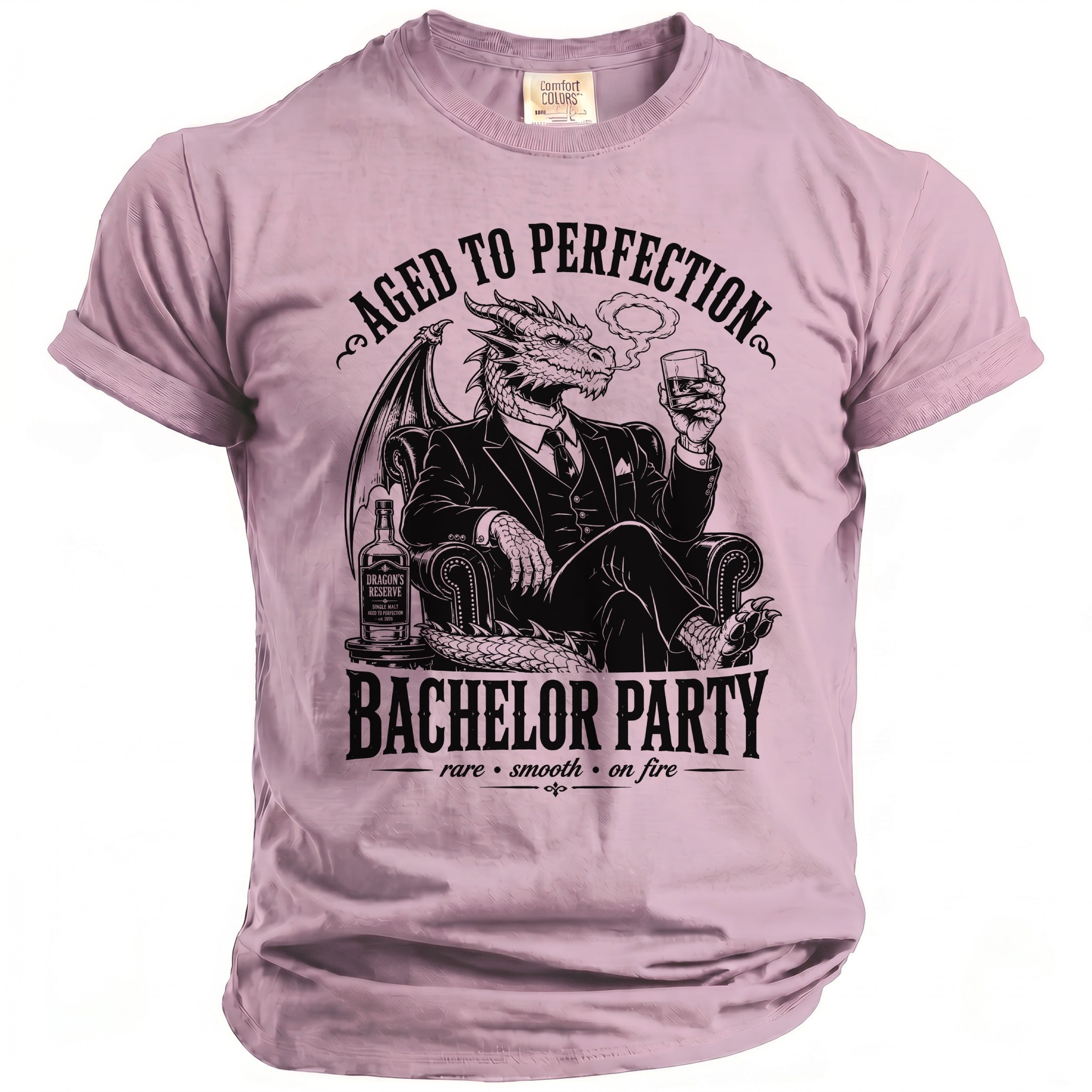 Dragon in suit drinking whiskey, "Aged to Perfection" and "Bachelor Party" text.