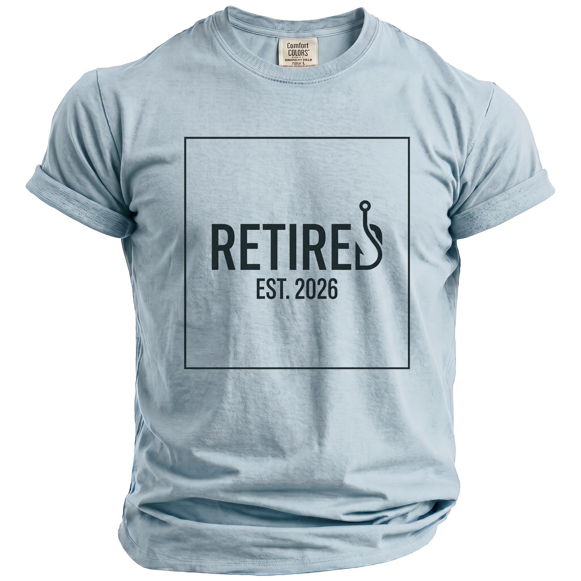 Light blue t-shirt with "RETIRES EST. 2026" and fishing hook graphic.